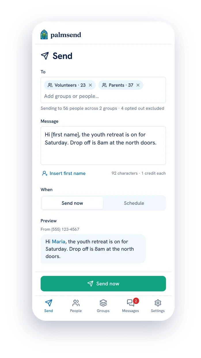 The same Send screen on a phone, with the message previewed as the recipient will see it.